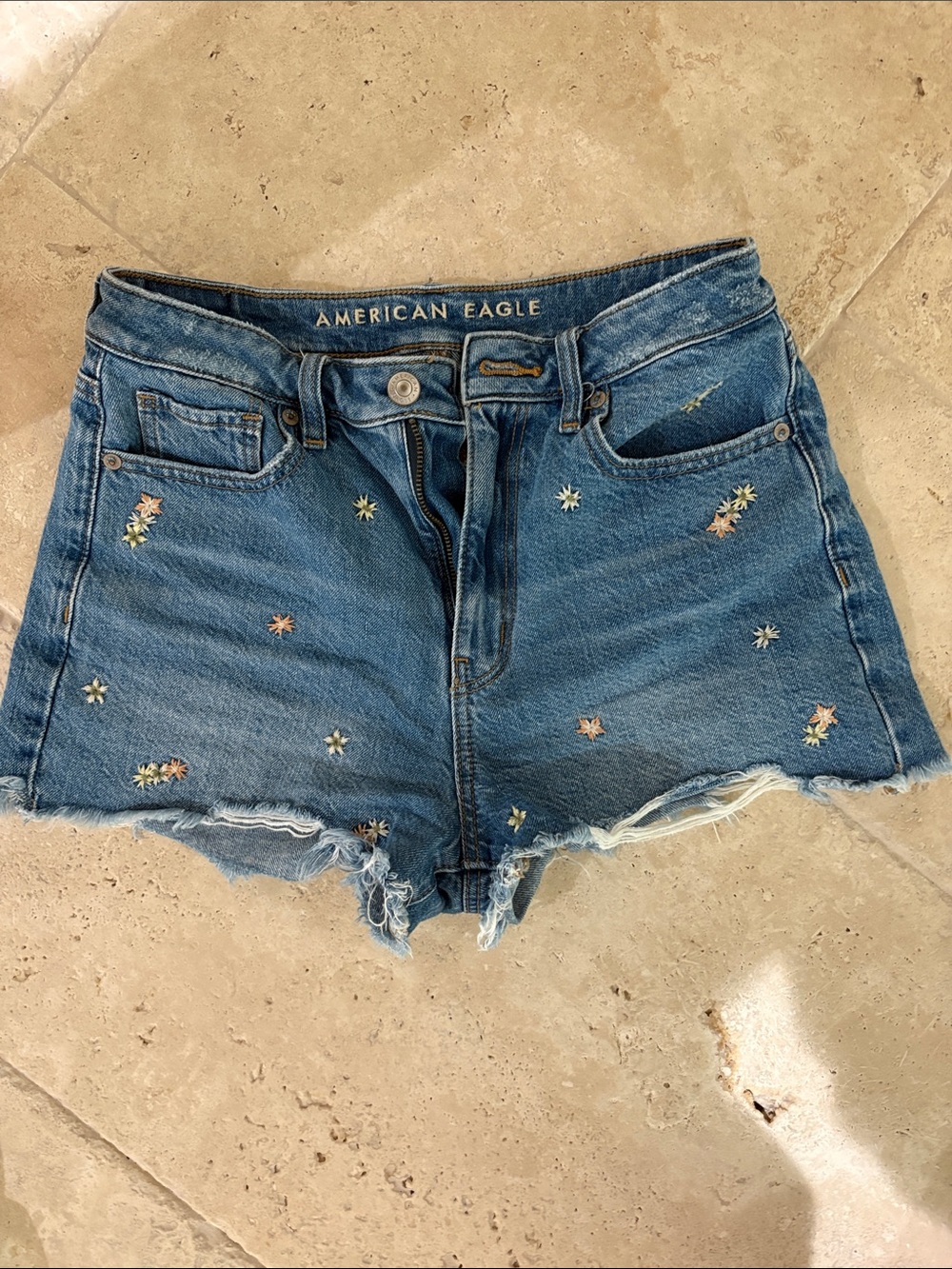 American Eagle Outfitters Blue Embroidered High-Rise Denim Shorts